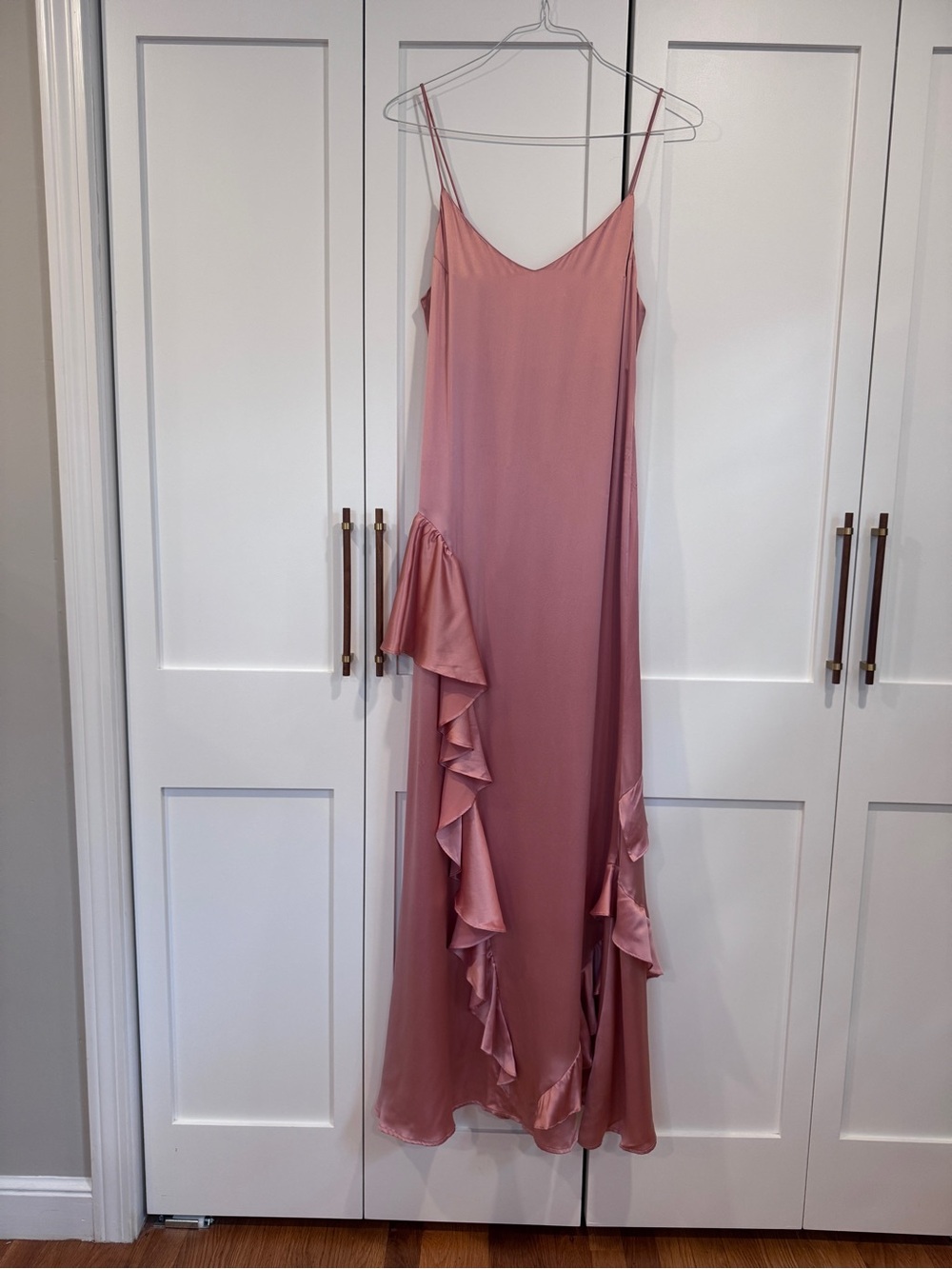 Reformation Rose Slip Dress with Asymmetrical Ruffle and embroidery